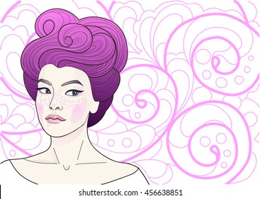 vector Surprised girl with beautiful hair on a neutral ornamental background with place for your text