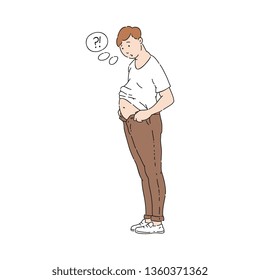 Vector surprised man with slight obesity looking at his belly fat with surprise. Health problems connected with weight and unhealthy eating. Isolated illustration