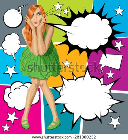 Vector surprised red in green dress, and vector set of comics style speech and thought bubbles
