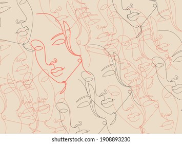 Vector Surreal Face Background, Linear Art, Colored Illustration, Woman Faces, Pastel Colors.