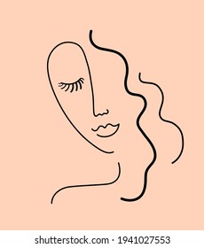 Vector Surreal Faces line, drawing of face and hairstyle, woman beauty minimalist. Vector illustration pretty sexy. Contemporary portrait.