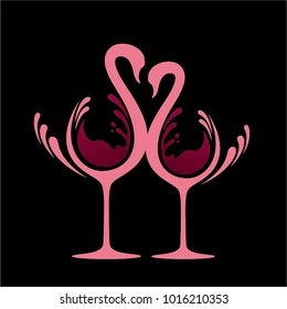 Vector surreal flamingos in love shaped wine glasses illustration on black background