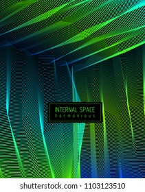 Arte de ilusión surrealista vectorial para el diseño, línea art 3d espacio interior texturizado dimensional, tema de viaje de drogas alucinógenas. Fantástico arte psicodélico moderno de moda, ilusión óptica dimensional.