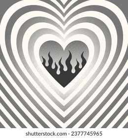 Vector surreal illustration with heart and flame.Retro print in y2k aesthetic with texture.Trendy minimalistic design for banners,social media marketing,branding,packaging,covers