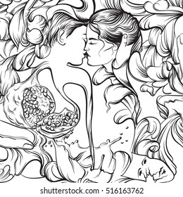 Vector surreal illustration with kissing lovers hands garnet and floral forms. Artwork in realistic line hand drawn style. Template for card poster banner and print for t-shirt
