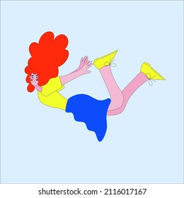 Vector surreal illustration. Levitation of a girl in a free space. The concept of relaxation, weightlessness, escape from reality. A bright positive icon for the design.