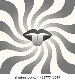 Vector surreal illustration with lips and tongue out.Retro print in y2k aesthetic with spiral background and texture.Trendy minimal design for banners,social media marketing,branding,packaging,covers
