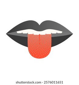 Vector surreal illustration with lips and tongue out.Retro print aesthetic.Design isolated element.Trendy disco emblem for banners,social media marketing,branding,packaging,covers