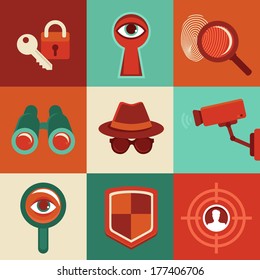 Vector surveillance and control concepts - trendy icons in flat style