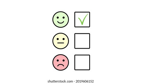 Iconos de retroalimentación de encuestas de vectores en forma de emociones de ánimo. Lista de verificación con marca verde.
