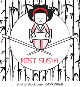 Vector Sushi Banner With Cartoon Geisha