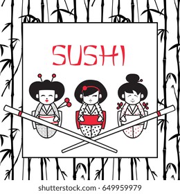 Vector Sushi Banner With Cartoon Geisha