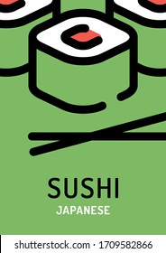 Vector sushi bar background poster. Line rolls with chopsticks icon illustration. Flat japanese food banner concept. Modern flyer design for asian menu cafe, restaurant, delivery