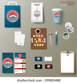 Vector Sushi Bar Corporate Branding Identity Template Design Set. Take Away Mock Up 