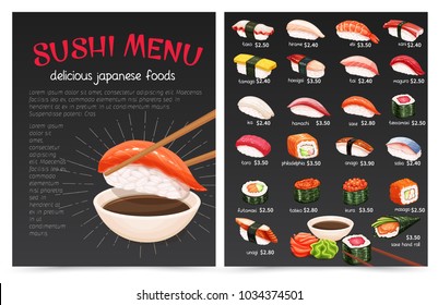 Vector sushi bar munu. Japanese food illustration for sushi rolls shop.