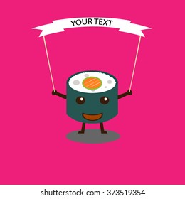 Vector sushi cartoon character illustration.Sushi with a banner