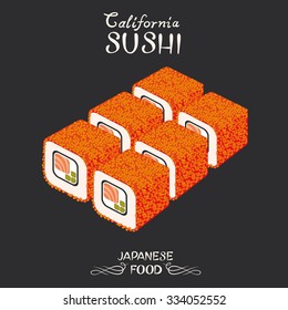 Vector sushi with caviar. California roll isolated. Japanese food. Menu design.