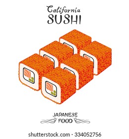 Vector sushi with caviar. California roll isolated. Japanese food. Menu design.