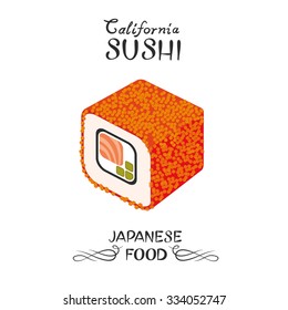 Vector sushi with caviar. Calofornia roll isolated. Japanese food. Menu design.