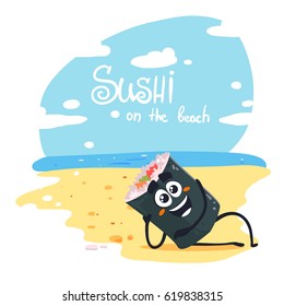 Vector sushi character on the beach. Isolated on white background. 