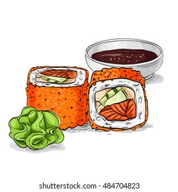 Vector Sushi Color Sketch, California Roll