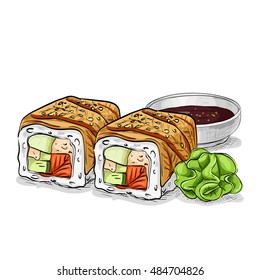 Vector sushi color sketch, Canada roll