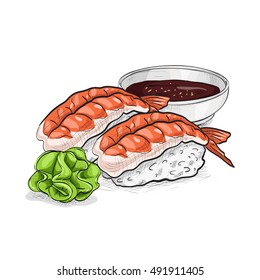 Vector sushi color sketch, Ebi Nigiri