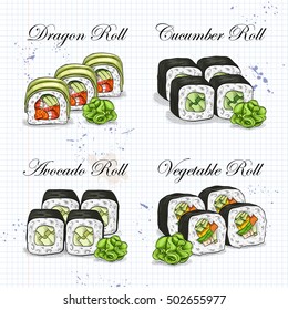 Vector sushi color sketch, set
