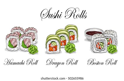 Vector sushi color sketch, set