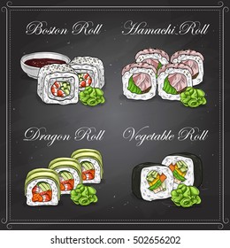 Vector sushi color sketch, set