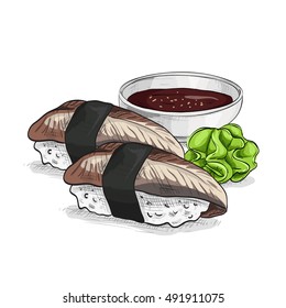 Vector sushi color sketch, unagi nigiri