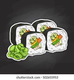 Vector sushi color sketch, Vegetable roll