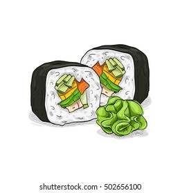 Vector sushi color sketch, Vegetable roll
