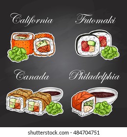 Vector sushi color sticker, set