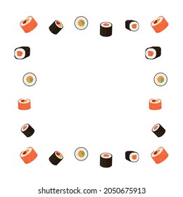 Vector Sushi Frame, Colorful Illustration, Cartoon Style Different Rolls Isolated on White Background, Japanese Cuisine.