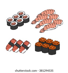 Vector sushi hand drawn illustration on white background