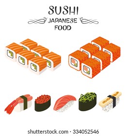 Vector sushi icon set. Philadelphia roll, California roll, Sake nigiri, Tamago nigiri isolated. Japanese food. Menu design.