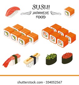 Vector sushi icon set. Philadelphia roll, California roll, Sake nigiri, Tamago nigiri isolated. Japanese food. Menu design.