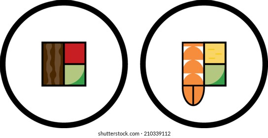 Vector Sushi Icon Set: teriyaki beef and prawn rolls