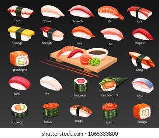 Vector sushi icons set. Japanese food illustration for seafood sushi rolls shop design.