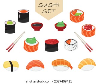 Vector sushi icons set. Japanese food illustration for seafood sushi rolls shop design. Sushi pieces collection. Fresh maki rolls pieces with rice and nori. Realistic sushi set.