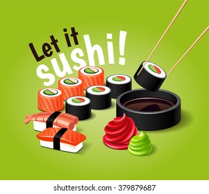 Vector sushi illustration with realistic 3d effect. Japanese food.