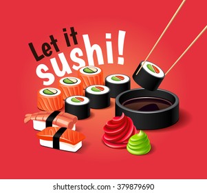 Vector sushi illustration with realistic 3d effect. Japanese food. Let's eat