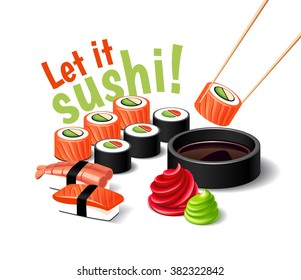 Vector sushi illustration with realistic 3d effect. Japanese food. Let it sushi