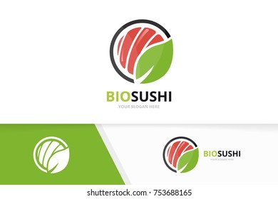 Vector sushi and leaf logo combination. Japanese food and eco symbol or icon. Unique seafood and organic logotype design template.