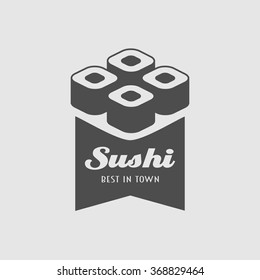 Vector sushi logo business design template icon for websites or business design. Label, sticker, logo or badge with sushi, rolls and two chopsticks.