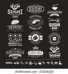 Vector Sushi logotypes set. Sushi vintage design elements, logos, badges, label, icons and objects
