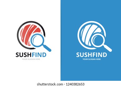 Vector sushi and loupe logo combination. Japanese food and magnifying symbol or icon. Unique seafood and search logotype design template.