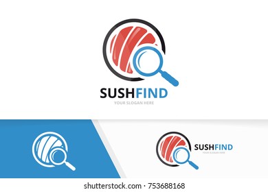 Vector sushi and loupe logo combination. Japanese food and magnifying symbol or icon. Unique seafood and search logotype design template.