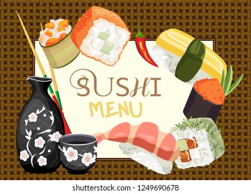 Vector sushi menu on the background of a wicker mat. Various sushi around a leaf in a frame with inscriptions